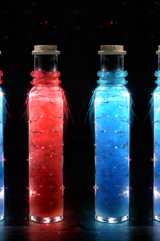 no human, bottle, juice in the bottle, liquid, red liquid, reflection, dark background, black background